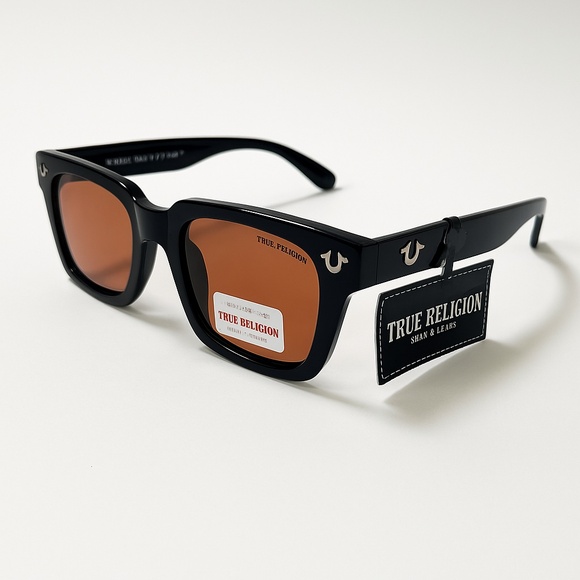 NWT True Religion Square Sunglasses Black Acetate Frame Orange Lens Logo OS - Picture 1 of 7